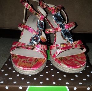 Kelly & Kate Pink Floral Wedge Heels w/Crystals